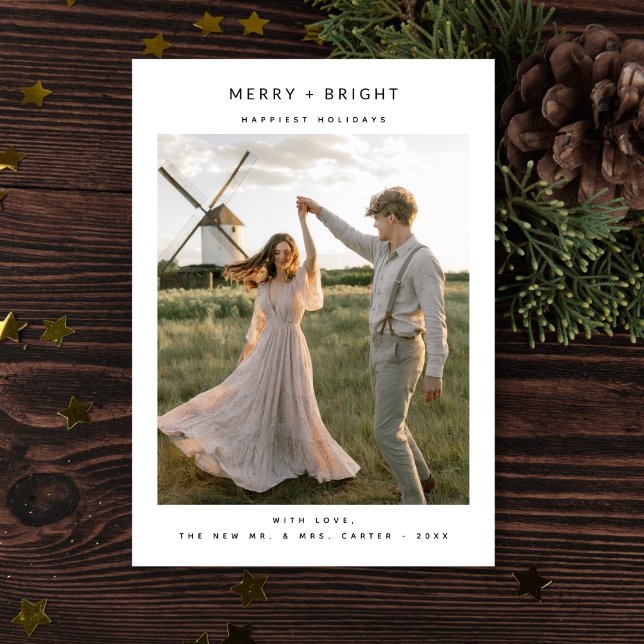 Rustic Elegant Merry and Bright Photo Newlywed Holiday Card (Creator Uploaded)