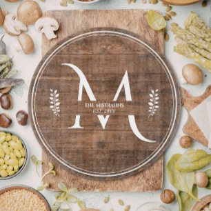 Rustic & Elegant Monogram Faux Wood Round Cutting Board