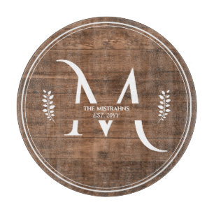 Rustic & Elegant Monogram Faux Wood Round Cutting Board