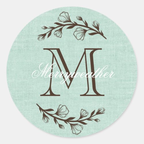 Rustic Elegant Monogram Floral Teal Brown Burlap Classic Round Sticker