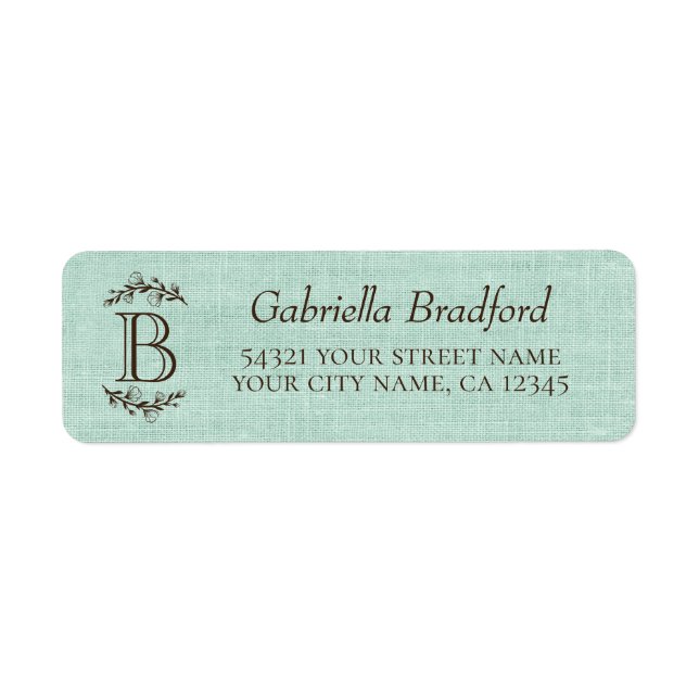Rustic Elegant Monogram Floral Teal Brown Burlap Label (Front)