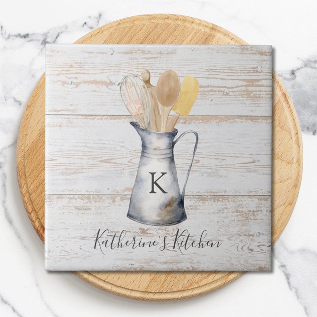 Rustic Elegant Monogram Kitchen Utensils Ceramic Tile (Close up)