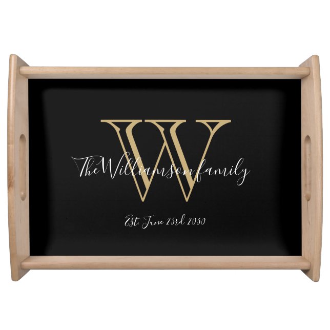 Rustic Elegant Monogram + Name Script Chic Black   Serving Tray (Front)