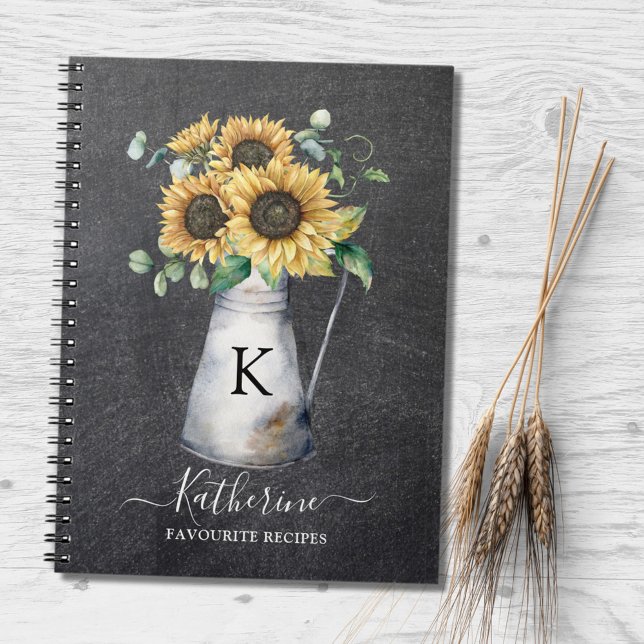 Rustic Elegant Monogram Sunflower Black Recipe Notebook (In situ)