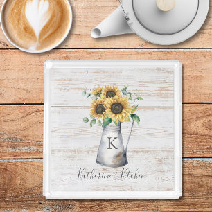 Rustic Elegant Monogram Sunflower Eucalyptus Acrylic Tray
