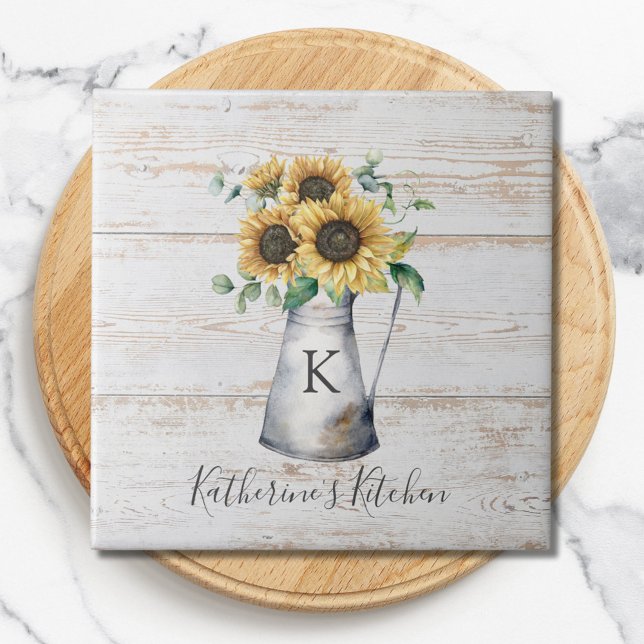 Rustic Elegant Monogram Sunflower Eucalyptus Ceramic Tile (Close up)