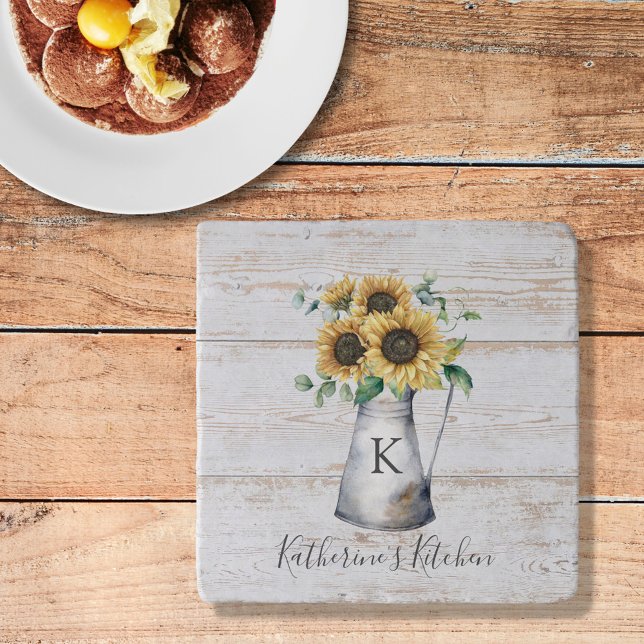 Rustic Elegant Monogram Sunflower Eucalyptus Trivet (In situ)