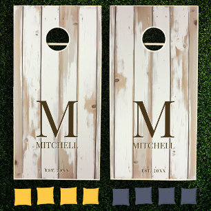 Rustic Elegant Monogram White Shiplap Wood Cornhole Set