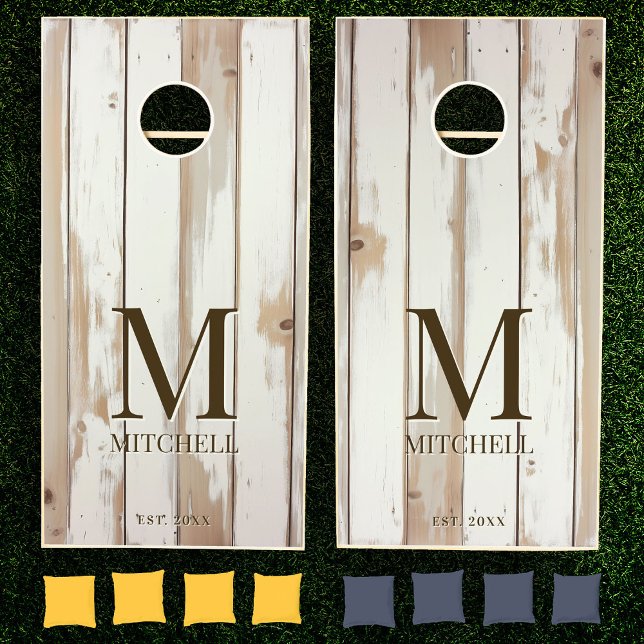 Rustic Elegant Monogram White Shiplap Wood Cornhole Set (Creator Uploaded)