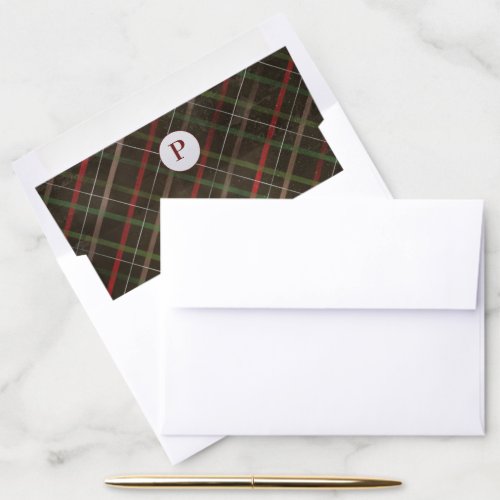 Rustic elegant monogrammed red green tartan plaid envelope liner