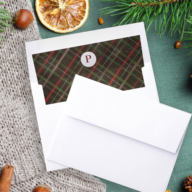 Rustic elegant monogrammed red green tartan plaid envelope liner (Creator Uploaded)