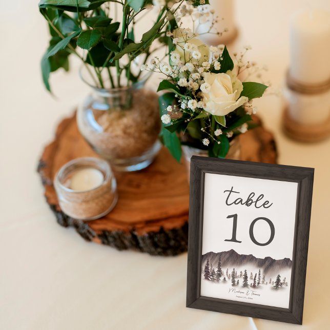 Rustic Elegant Mountains Pine Tree Forest Wedding Table Number (Creator Uploaded)