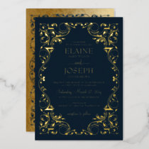 Rustic Elegant Navy and Gold Wedding  Foil Invitation
