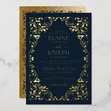 Rustic Elegant Navy and Gold Wedding  Foil Invitation