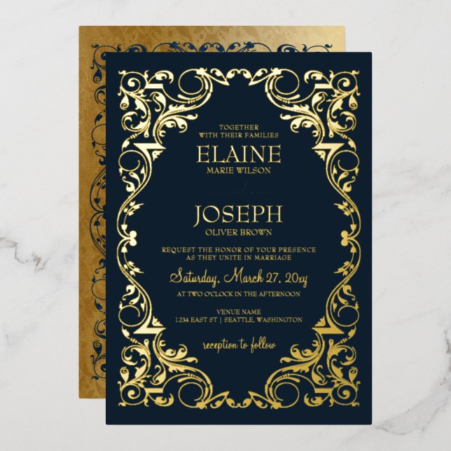 Rustic Elegant Navy and Gold Wedding  Foil Invitation (Front/Back)