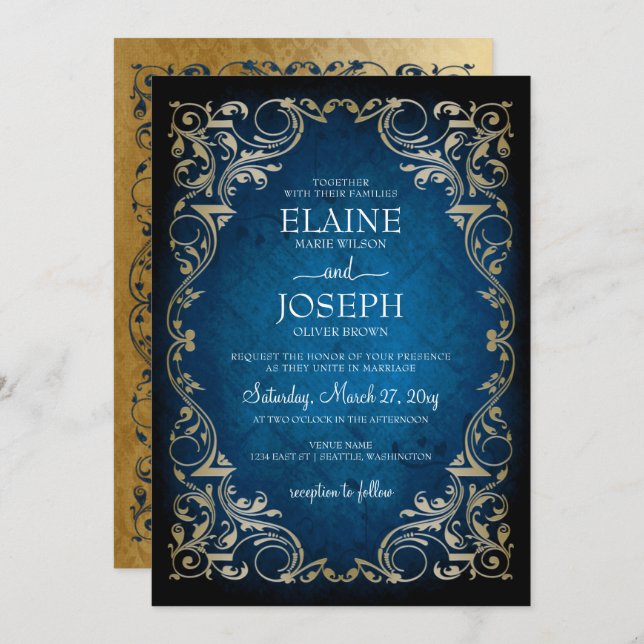 Rustic Elegant Navy and Gold Wedding Invitation (Front/Back)