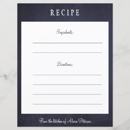 Rustic elegant navy blue chalkboard recipe card