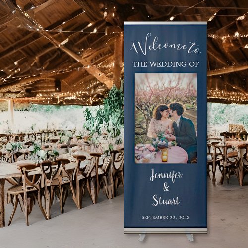 Rustic elegant navy blue photo wedding retractable banner