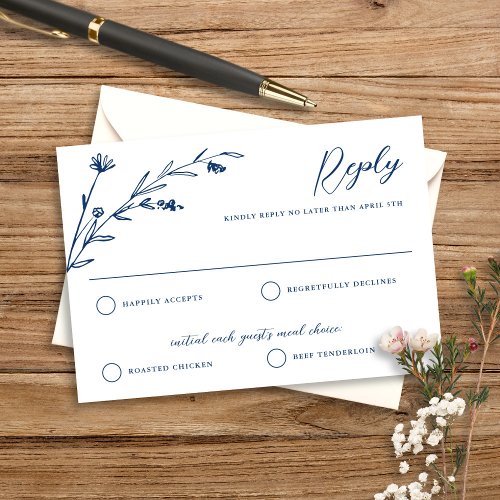 Rustic Elegant Navy Blue Wildflower Wedding RSVP Card