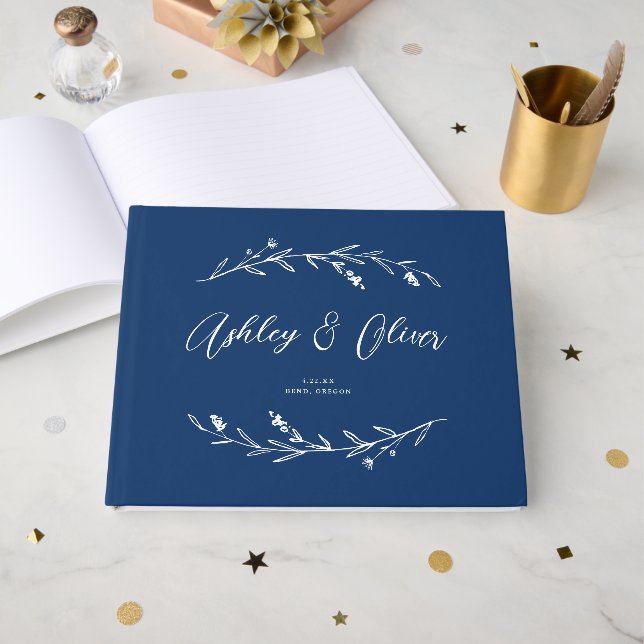 Rustic Elegant Navy Blue Wildflowers Wedding Guest Book (Front Open)