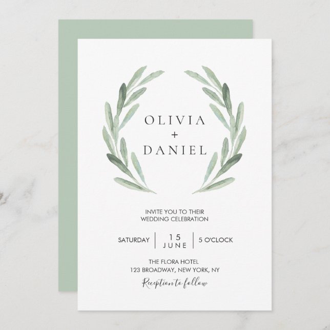 Rustic Elegant Olive Leaf Wreath Greenery Wedding Invitation (Front/Back)