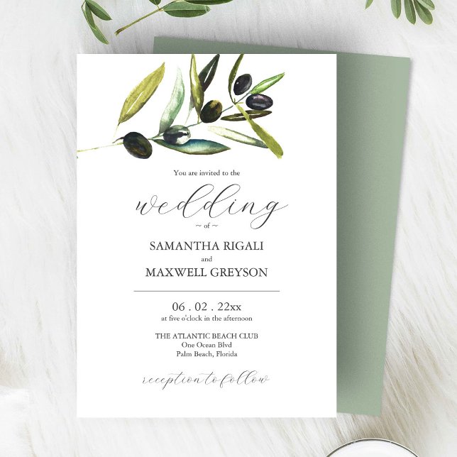 Rustic Elegant Olive Wedding Invitations (watercolor wedding invitations hand painted olive branch art by Victoria Grigaliunas Do Tell A Belle)