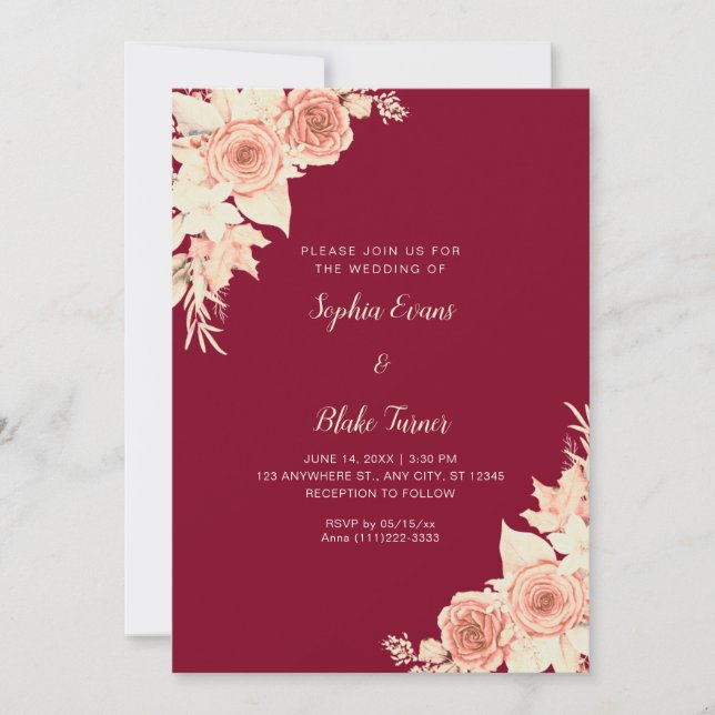 Rustic Elegant Orange Roses Fall Burgundy Wedding Invitation (Front)