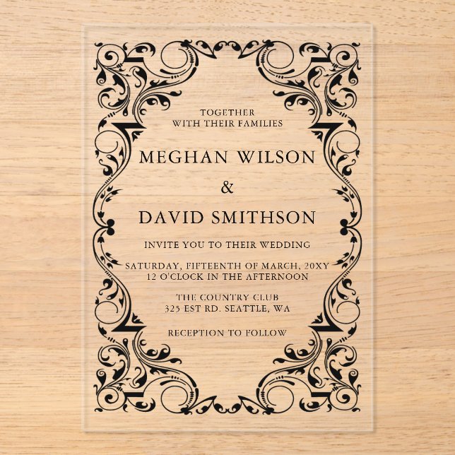 Rustic Elegant Ornamental Black Gold Wedding  Acrylic Invitations (Front)
