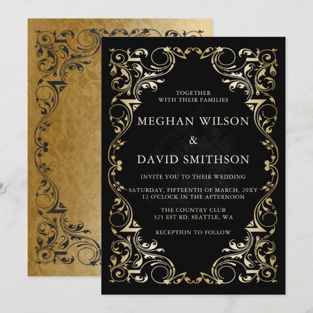 Rustic Elegant Ornamental Black Gold Wedding  Invitation (Front/Back)