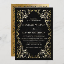 Rustic Elegant Ornamental Black Gold Wedding  Invitation