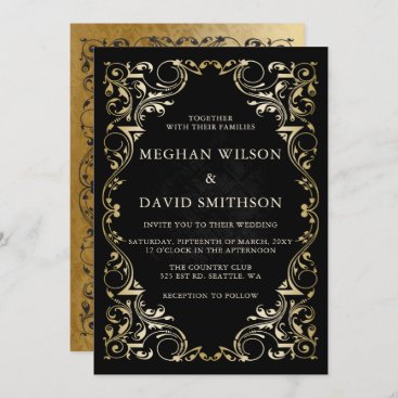 Rustic Elegant Ornamental Black Gold Wedding  Invitation