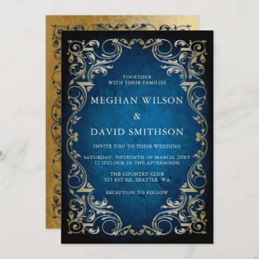 Rustic Elegant Ornamental Blue Gold Wedding   Invitation