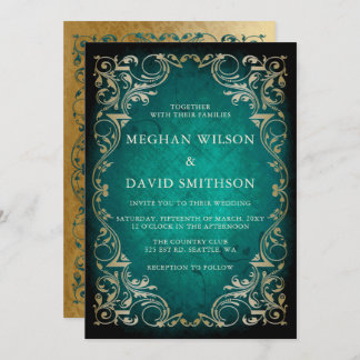 Rustic Elegant Ornamental Green Gold Wedding Invitation