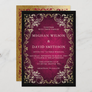 Rustic Elegant Ornamental Pink Gold Wedding Invitation