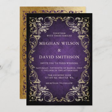 Rustic Elegant Ornamental Purple Gold Wedding  Invitation