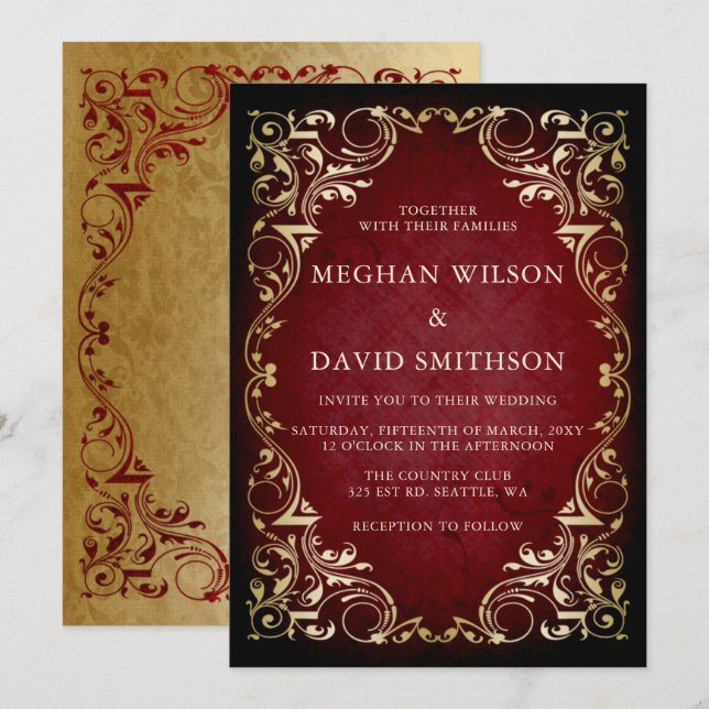 Rustic Elegant Ornamental Red Gold Wedding Invitation (Front/Back)