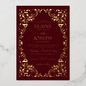 Rustic Elegant Ornate Burgundy Wedding Foil Invitation