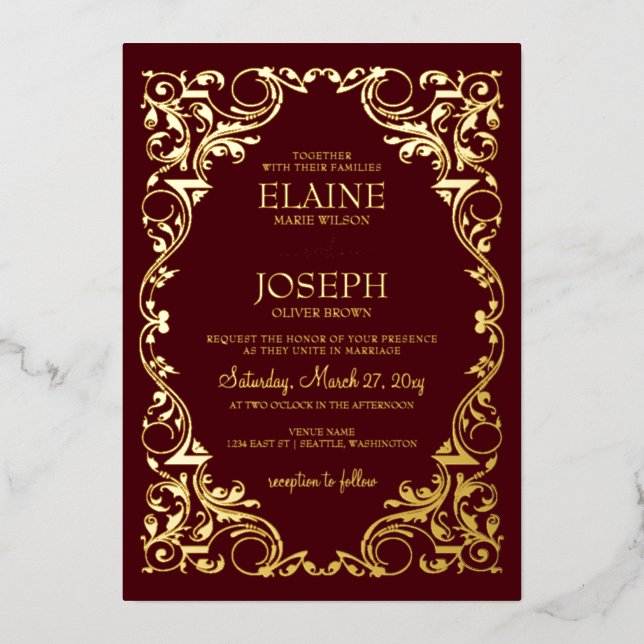 Rustic Elegant Ornate Burgundy Wedding Foil Invitation (Front)