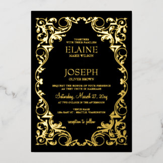 Rustic Elegant Ornate Frame Black Wedding Foil Invitation