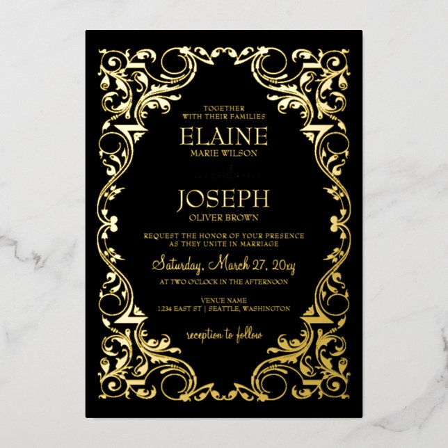 Rustic Elegant Ornate Frame Black Wedding  Foil Invitation (Front)
