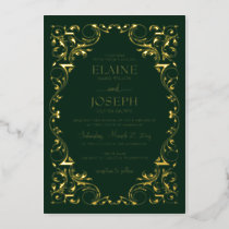 Rustic Elegant Ornate Frame Green Wedding Foil Invitation