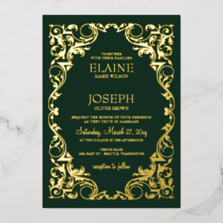 Rustic Elegant Ornate Frame Green Wedding Foil Invitation