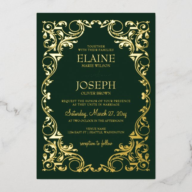 Rustic Elegant Ornate Frame Green Wedding Foil Invitation (Front)