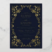 Rustic Elegant Ornate Frame Navy Wedding  Foil Invitation