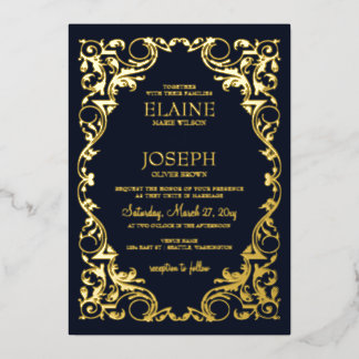 Rustic Elegant Ornate Frame Navy Wedding Foil Invitation