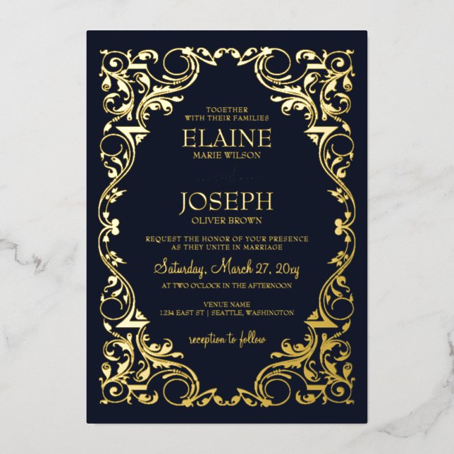 Rustic Elegant Ornate Frame Navy Wedding  Foil Invitation (Front)