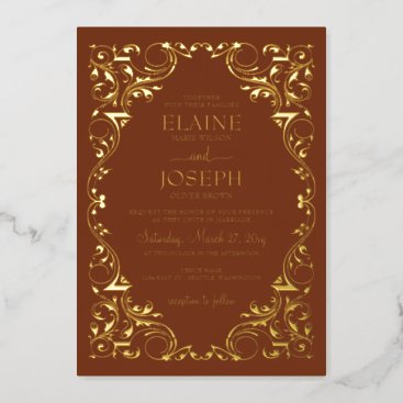 Rustic Elegant Ornate Frame Terracotta Wedding Foil Invitation