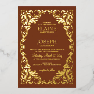 Rustic Elegant Ornate Frame Terracotta Wedding Foil Invitation