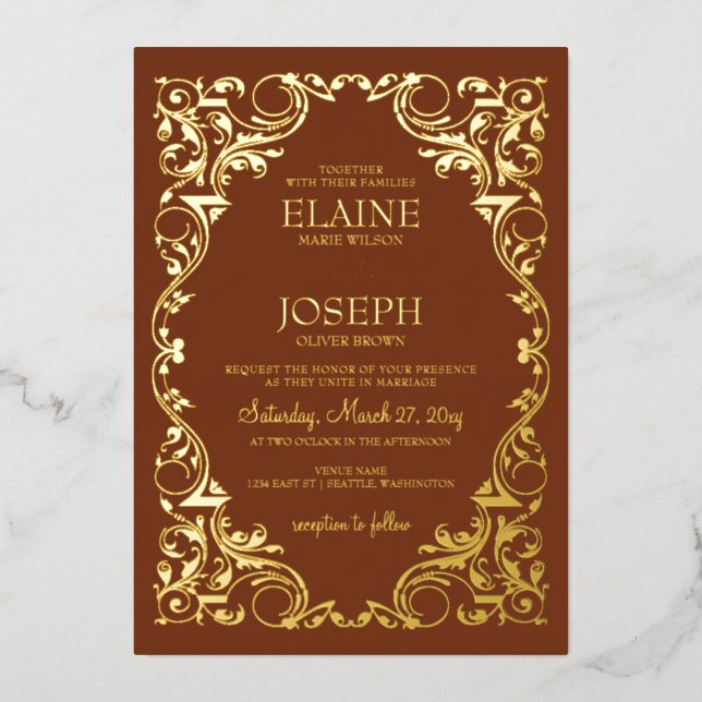 Rustic Elegant Ornate Frame Terracotta Wedding Foil Invitation (Front)