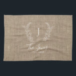 Rustic elegant personalized family monogram name kitchen towel<br><div class="desc">Custom laurel monogrammed family name and established year elegant chic rustic country farmhouse style dark beige burlap jute and white script template kitchen towel.         A modern keepsake gift or kitchen decor for weddings,  anniversaries,  housewarmings,  Thanksgiving,  Christmas,  or any other occasion.</div>